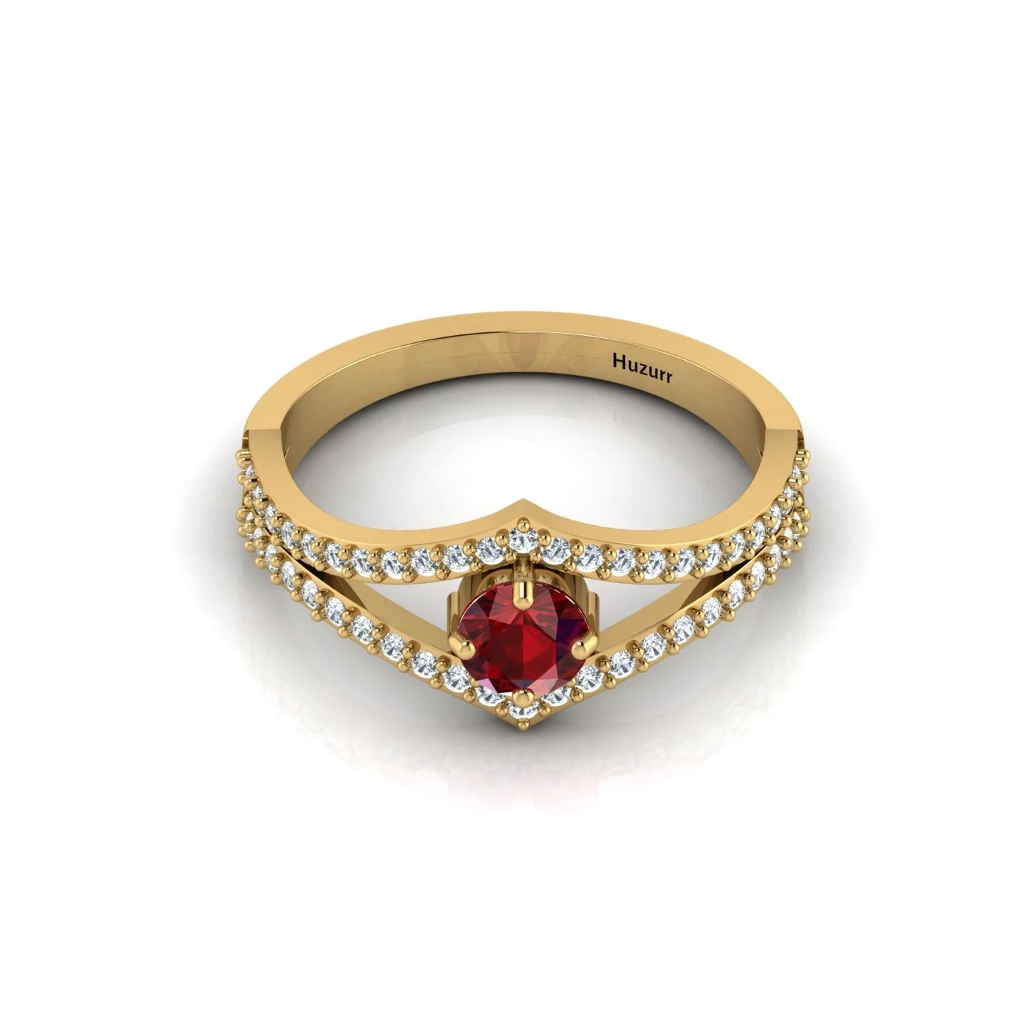 Gold-plated vintage royal wishbone ring with a round garnet solitaire and double-row diamond halo.