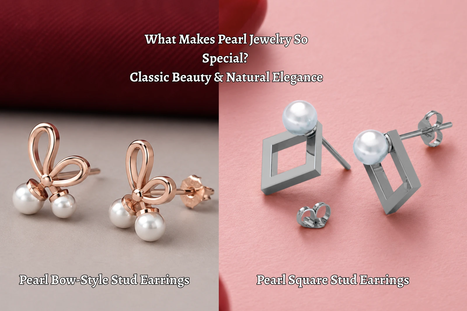 Classic pearl bow-style rose gold stud earrings contrasted with modern geometric pearl square silver stud earrings on Huzurr