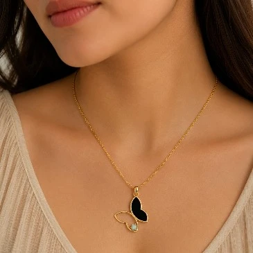 White Opal Butterfly Style Charm Black Enamel Pendant