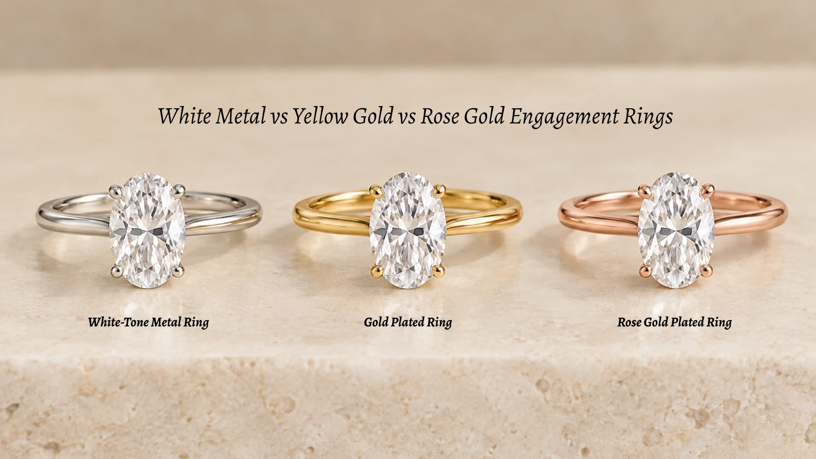 White, yellow and rose gold solitaire engagement rings compared