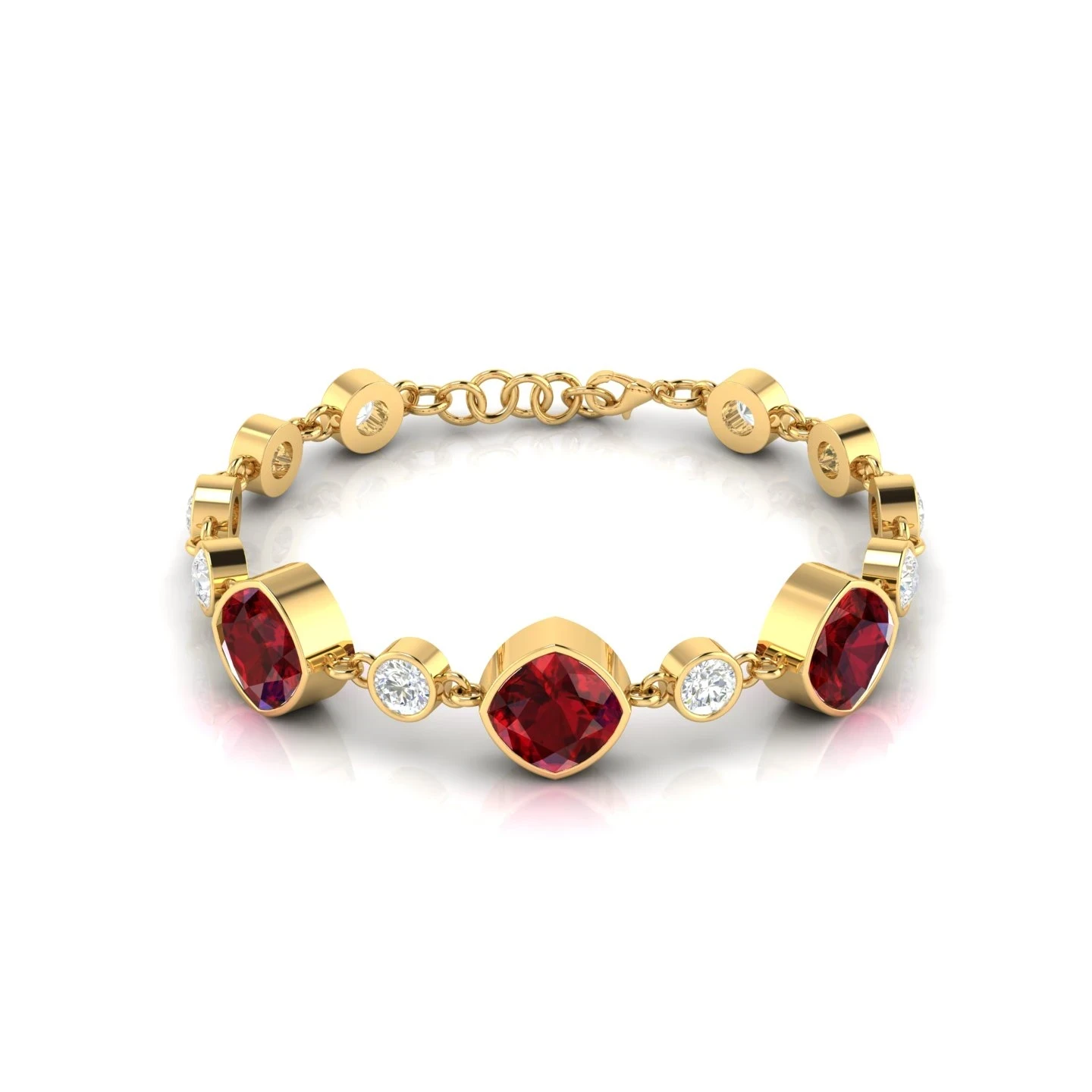 Yellow gold plated chain tennis bracelet with cushion-cut red garnets and round white diamonds.