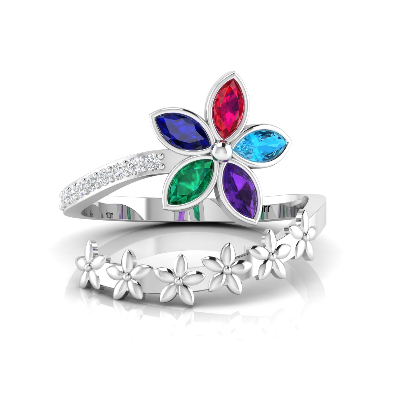 Multicolor Stone Floral Cocktail Silver Adjustable Ring